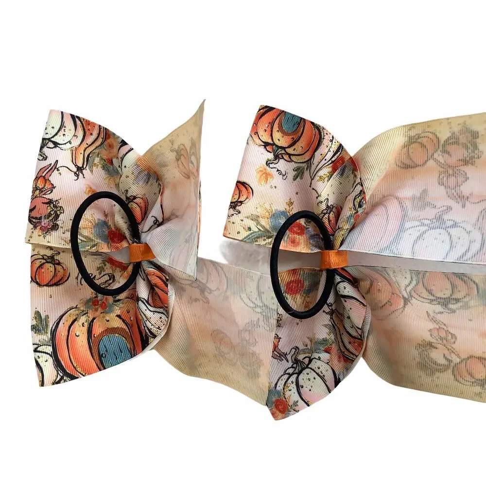 Girl’s 2 Pumpkin Fall Autumn Hair Bow Ties NEW
